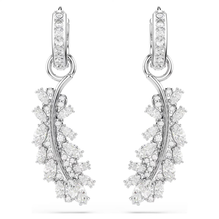 Vienna earrings Mixed cuts, Feather, White, Rhodium plated